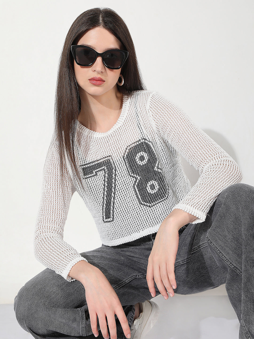 Women's White Long Sleeve Mesh Number Print Crop Top with Inner Slip