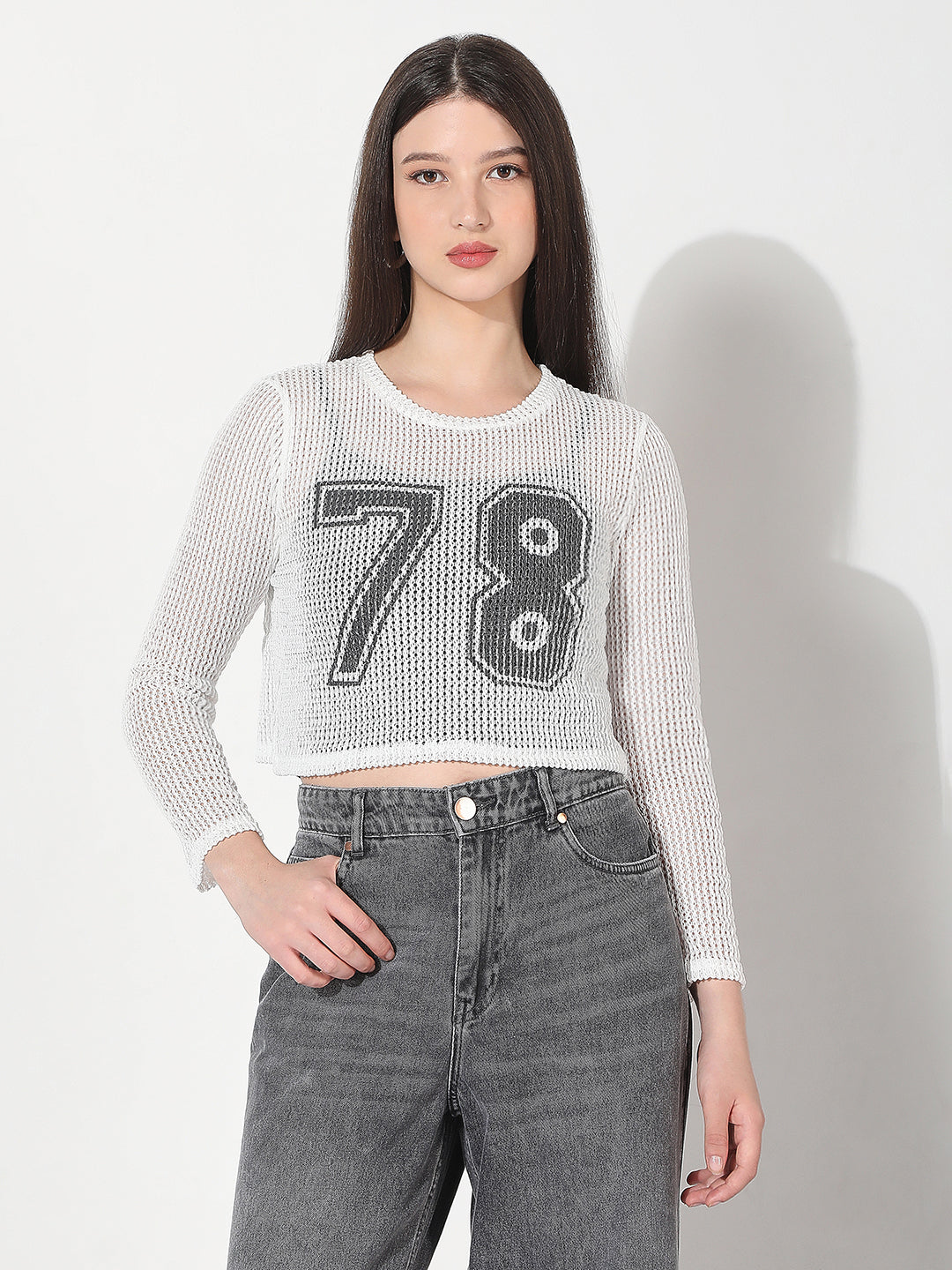 Women's White Long Sleeve Mesh Number Print Crop Top with Inner Slip