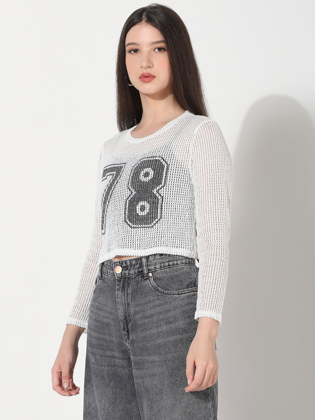 Women's White Long Sleeve Mesh Number Print Crop Top with Inner Slip