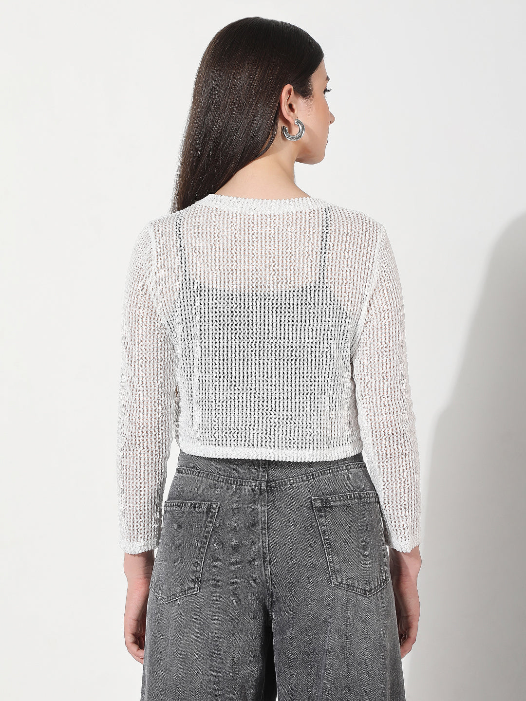 Women's White Long Sleeve Mesh Number Print Crop Top with Inner Slip