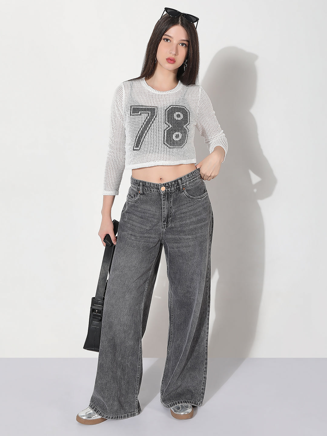 Women's White Long Sleeve Mesh Number Print Crop Top with Inner Slip