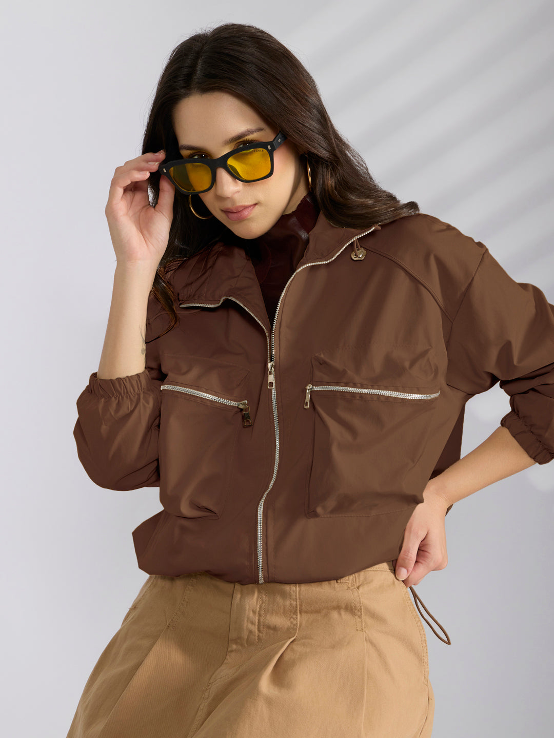 Women's Brown Utility Zip-Up Bomber Jacket with Toggled Hem