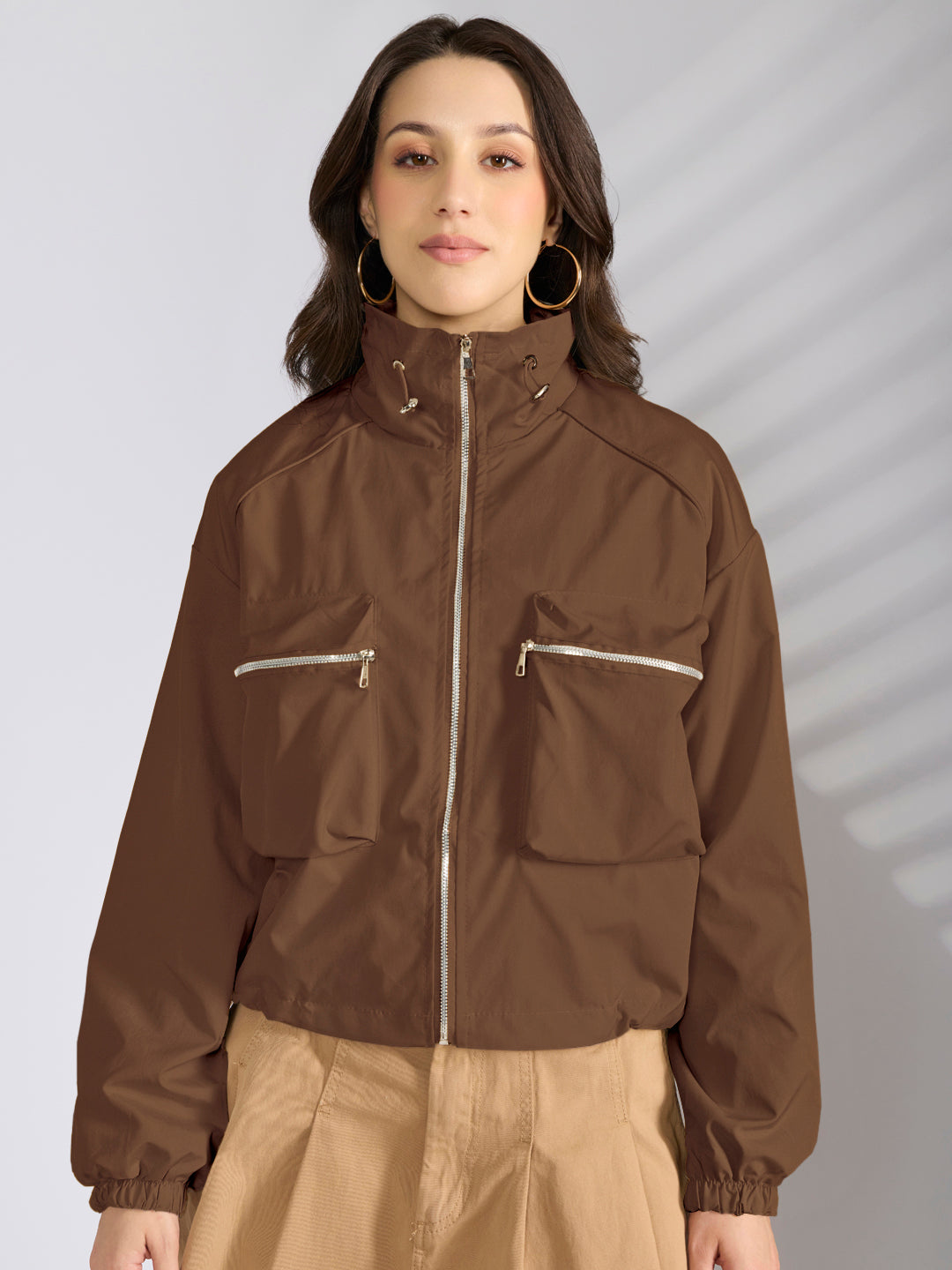Women's Brown Utility Zip-Up Bomber Jacket with Toggled Hem