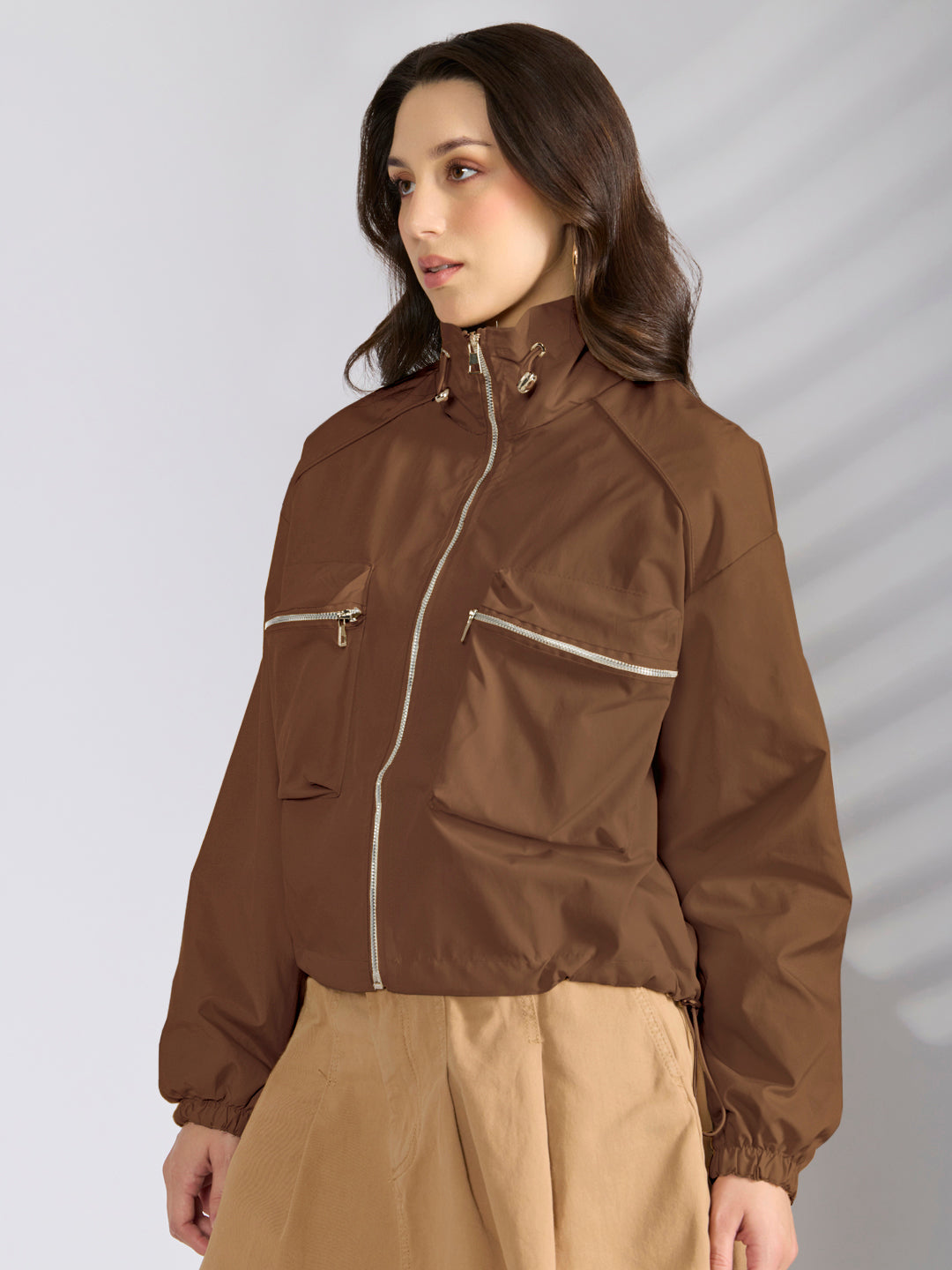Women's Brown Utility Zip-Up Bomber Jacket with Toggled Hem