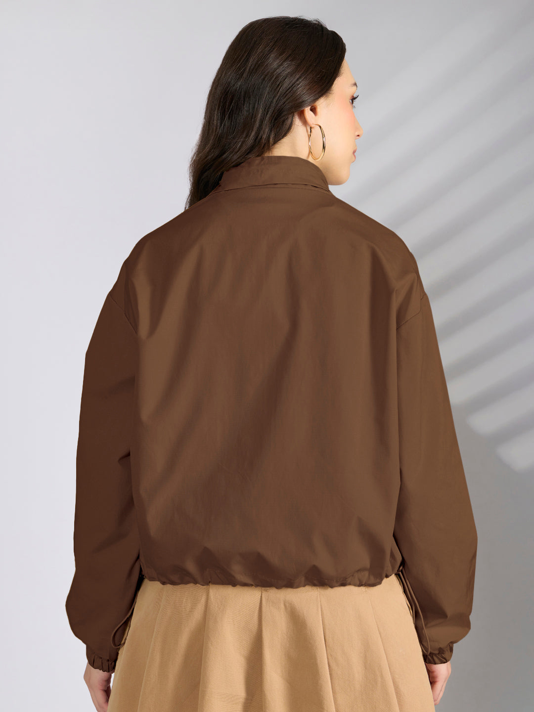 Women's Brown Utility Zip-Up Bomber Jacket with Toggled Hem