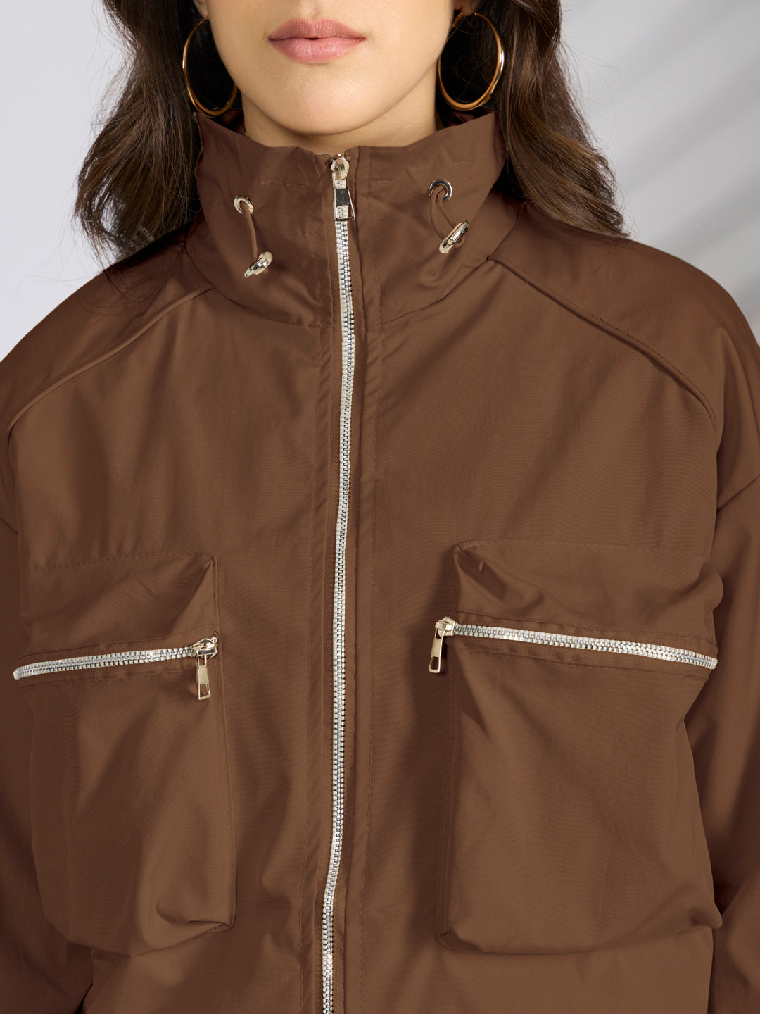Women's Brown Utility Zip-Up Bomber Jacket with Toggled Hem