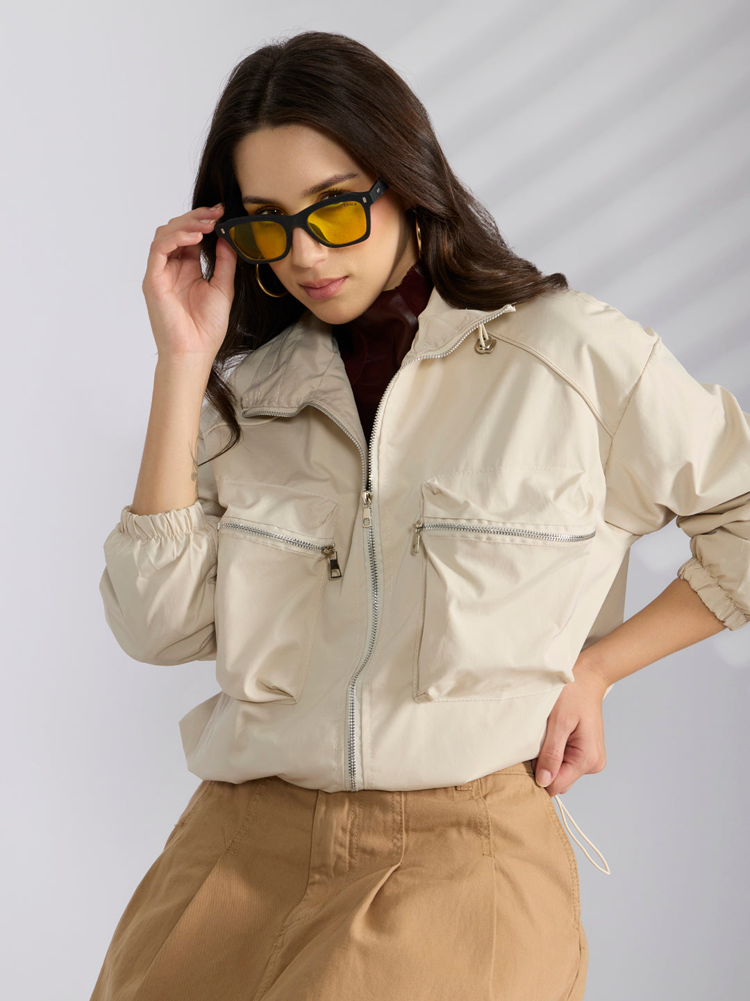 Women's Cream Utility Zip-Up Bomber Jacket with Toggled Hem