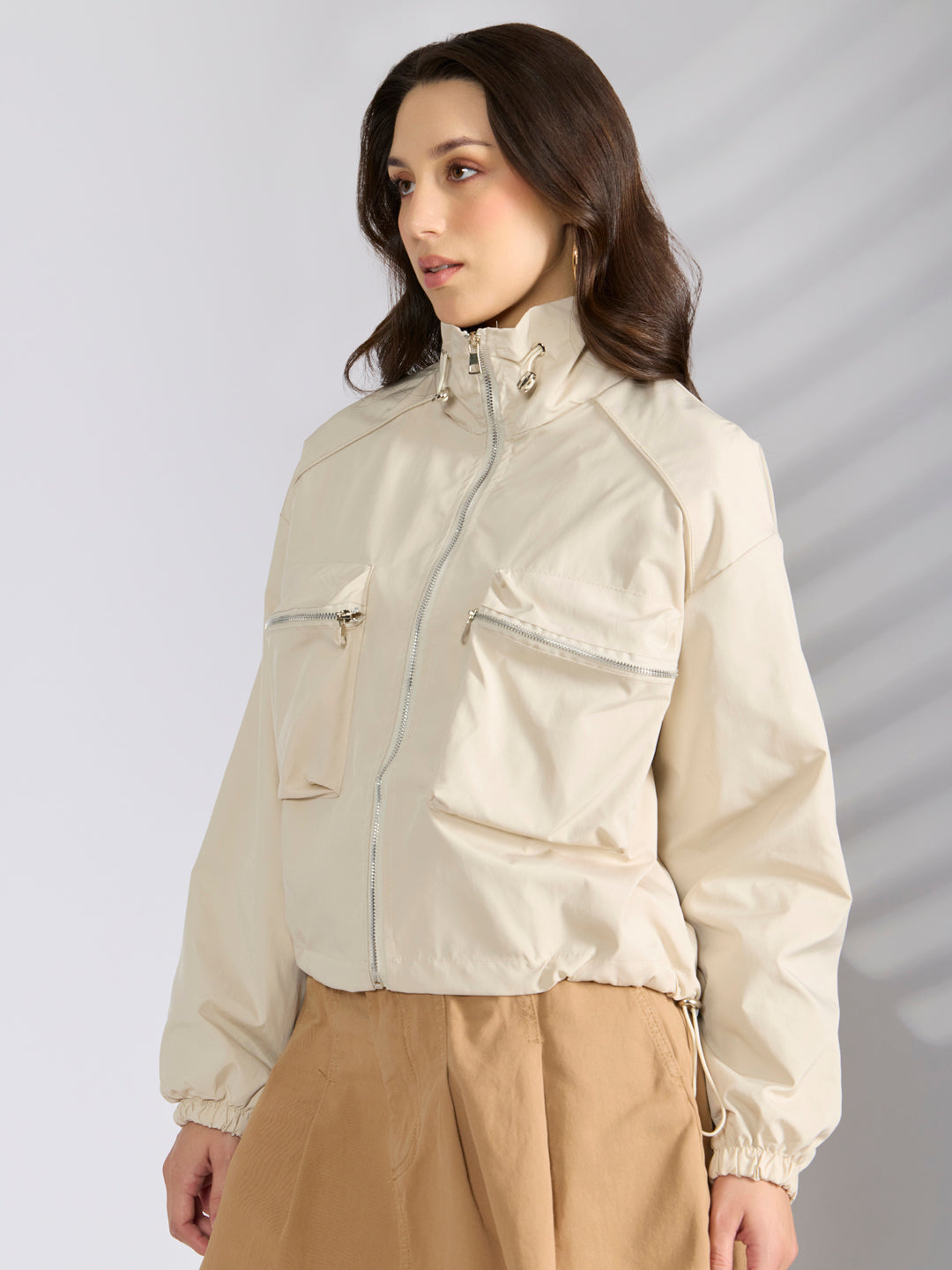 Women's Cream Utility Zip-Up Bomber Jacket with Toggled Hem