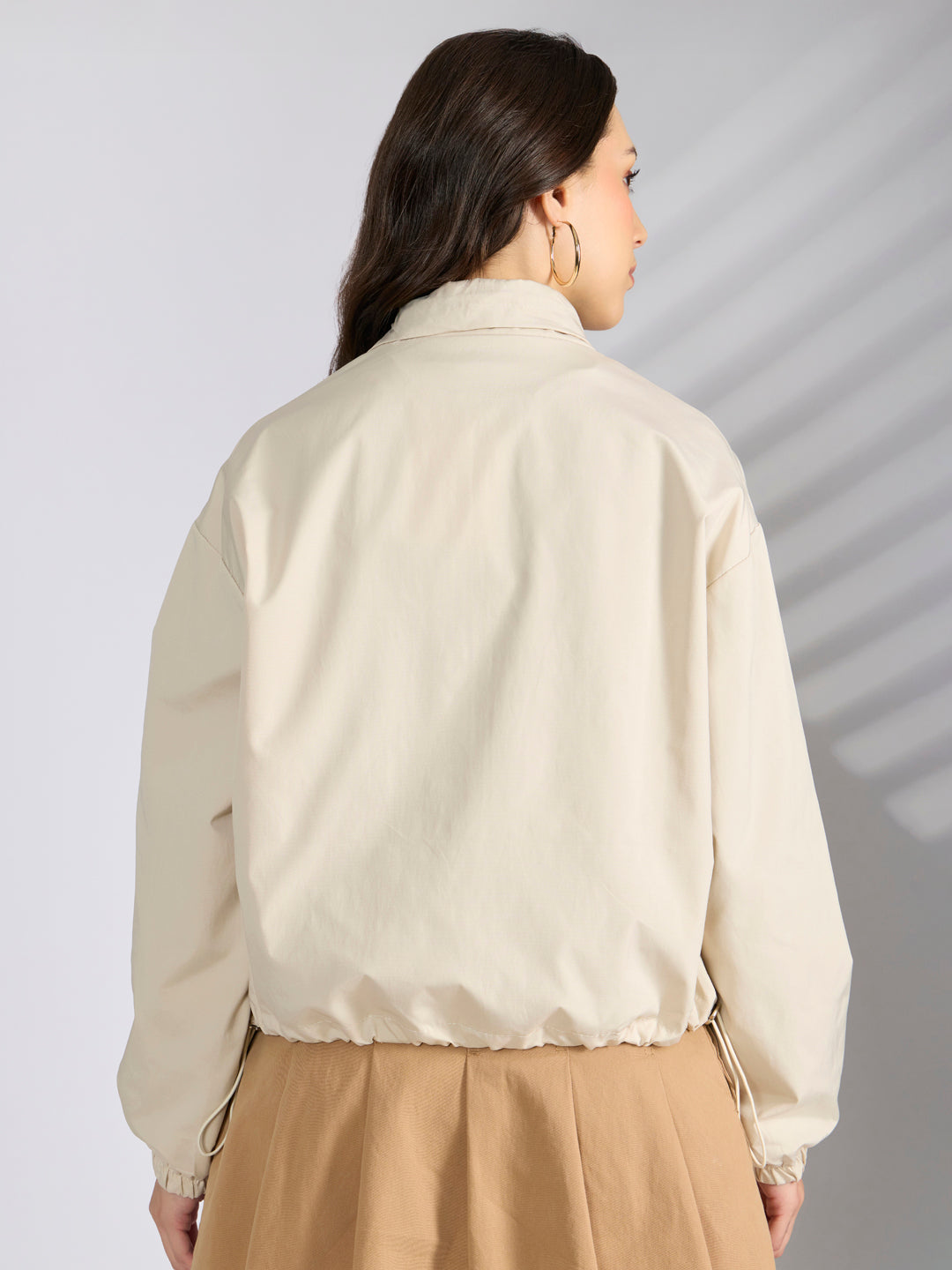 Women's Cream Utility Zip-Up Bomber Jacket with Toggled Hem