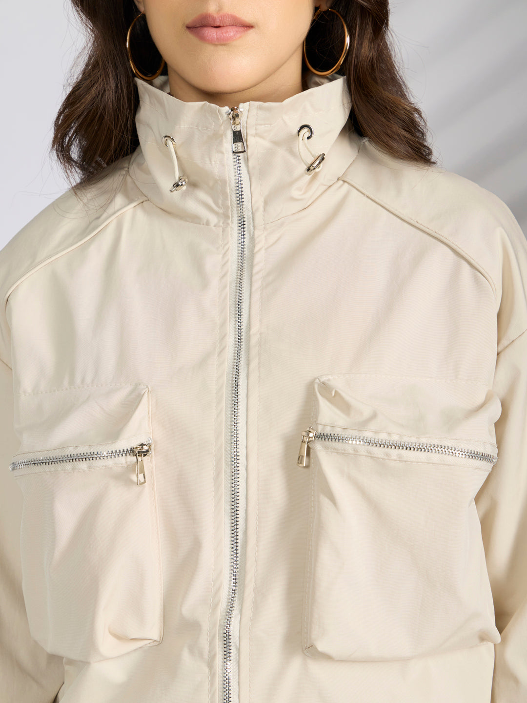 Women's Cream Utility Zip-Up Bomber Jacket with Toggled Hem