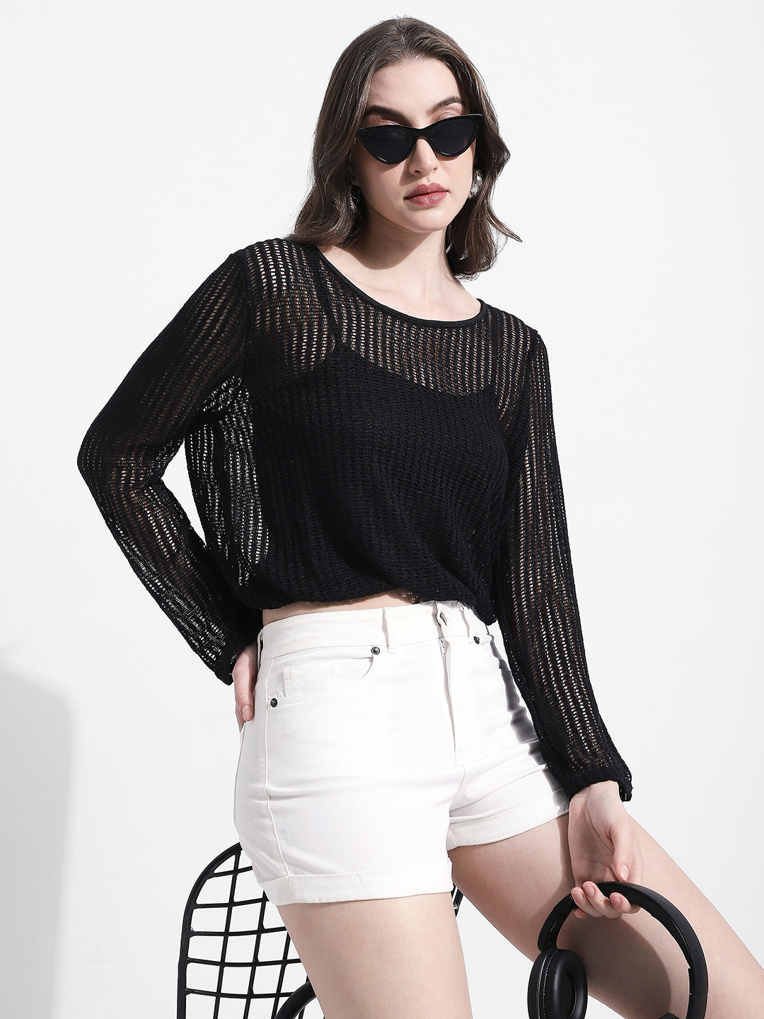 Women's Black Crochet Textured Top with Attached Inner