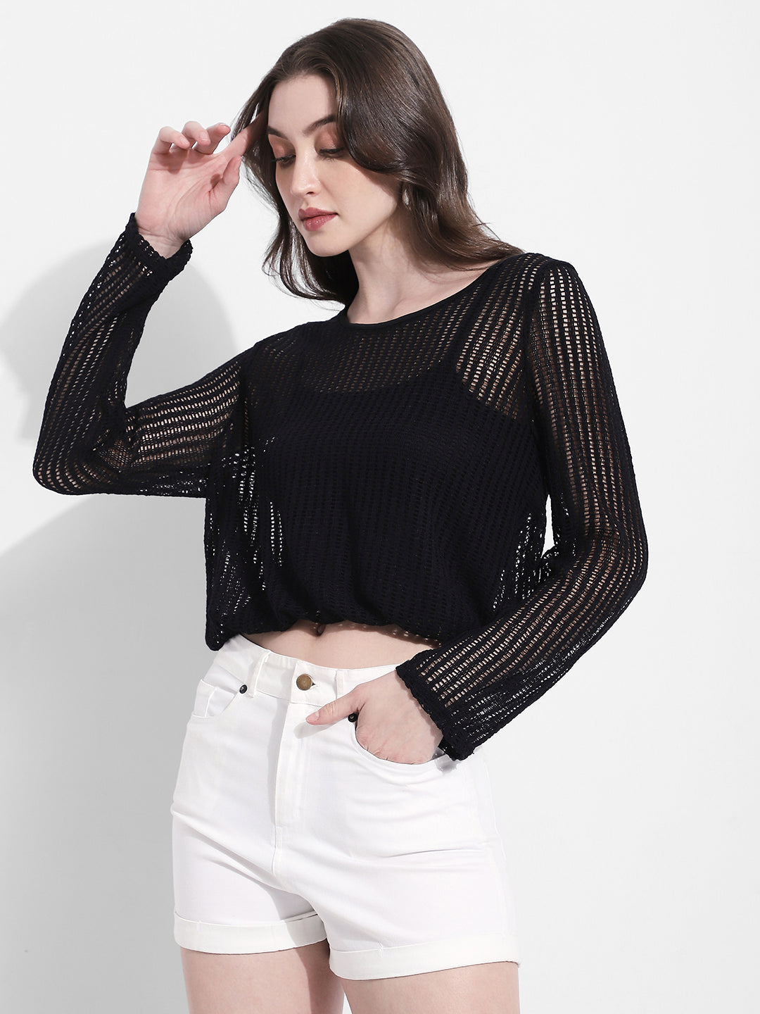 Women's Black Crochet Textured Top with Attached Inner