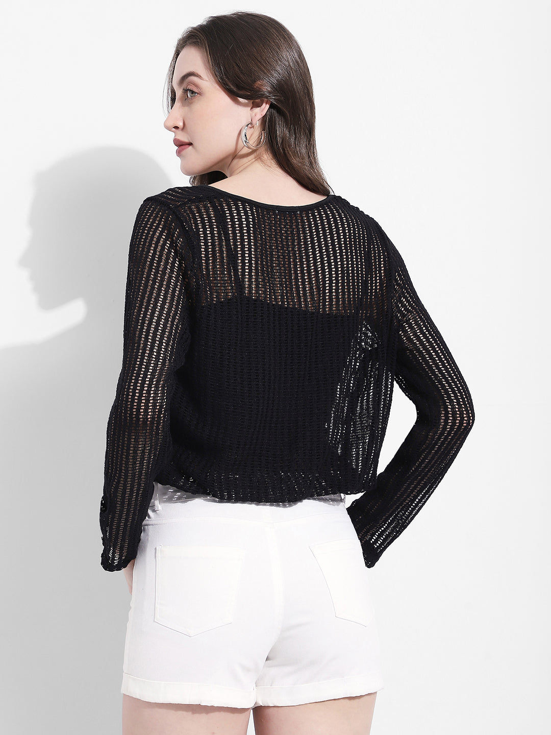 Women's Black Crochet Textured Top with Attached Inner
