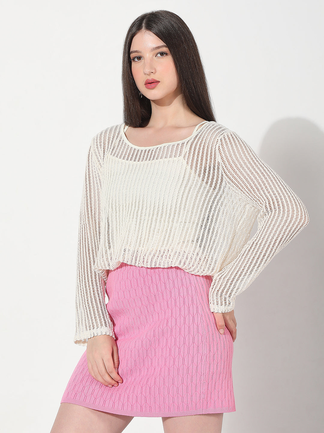 Women's Cream Fitted Crochet Top with Inner Slip