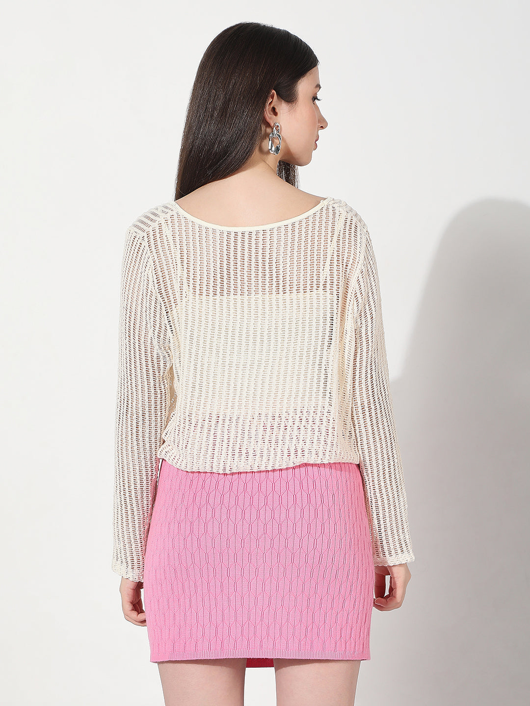 Women's Cream Fitted Crochet Top with Inner Slip