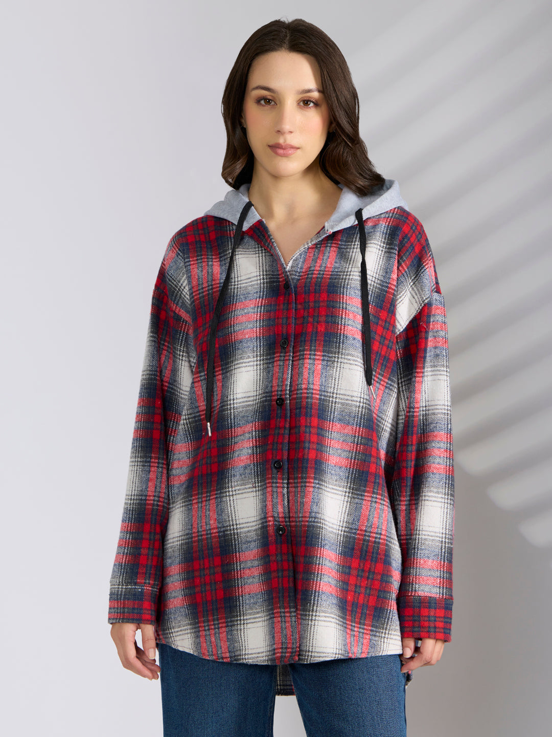 Women's Checked Red & Grey Hooded Oversized Shirt