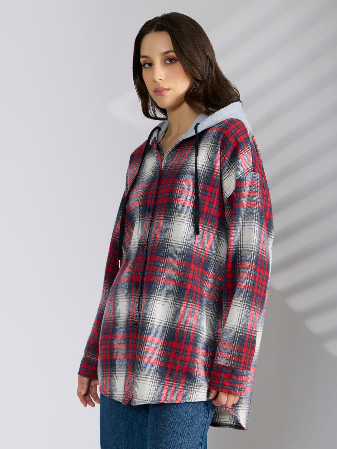 Women's Checked Red & Grey Hooded Oversized Shirt