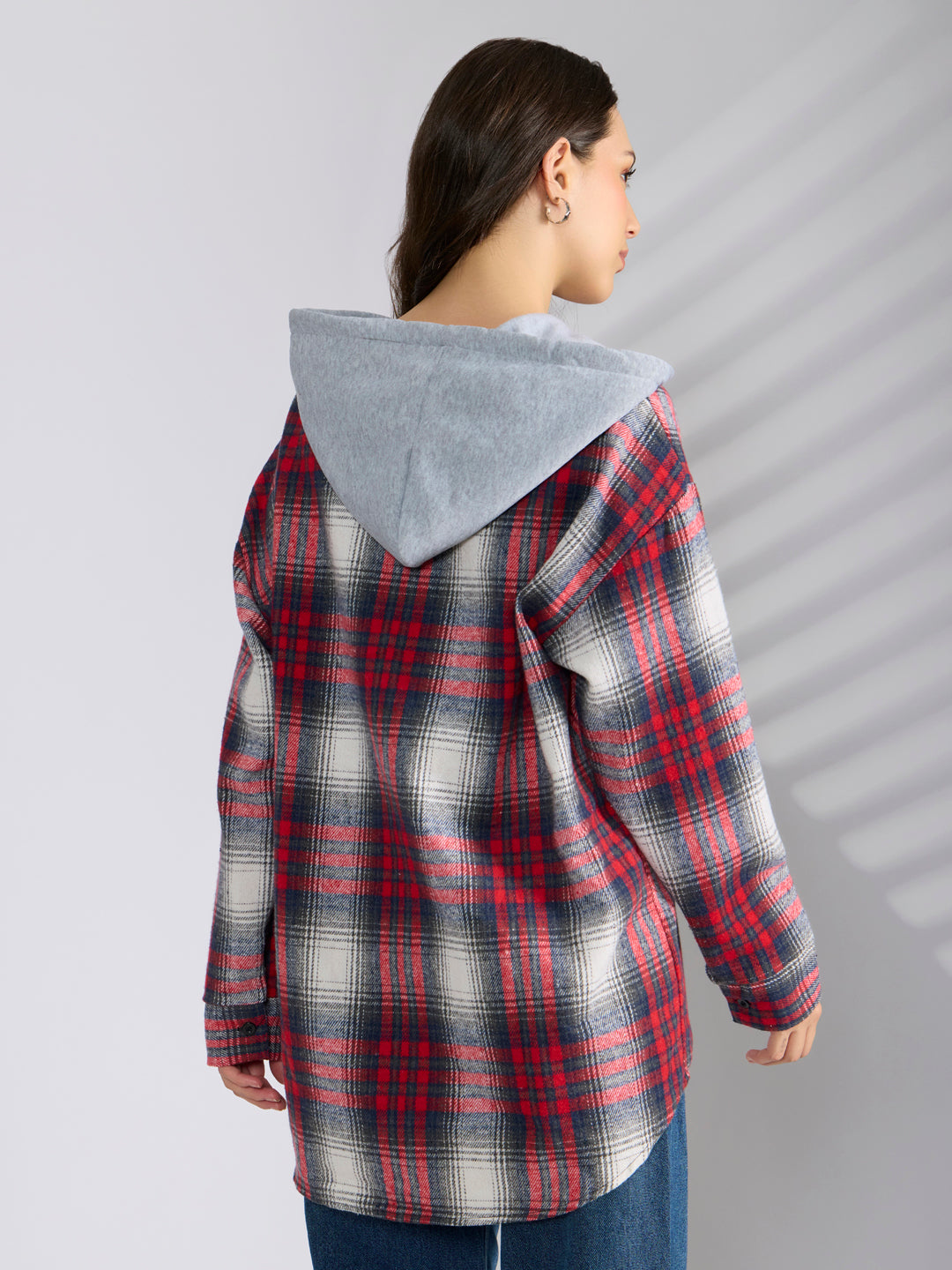 Women's Checked Red & Grey Hooded Oversized Shirt