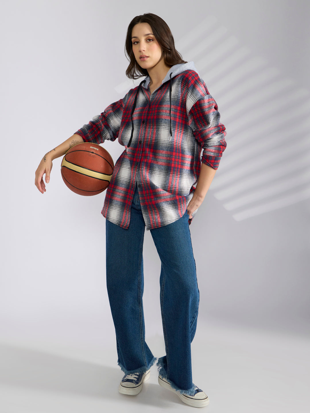 Women's Checked Red & Grey Hooded Oversized Shirt