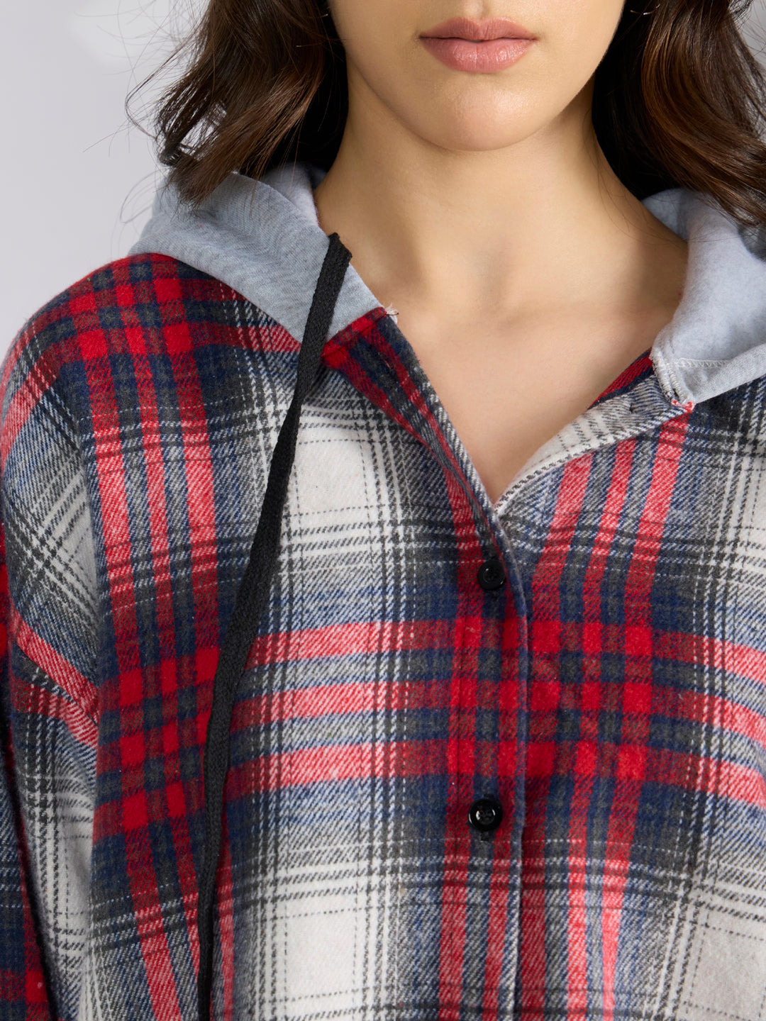 Women's Checked Red & Grey Hooded Oversized Shirt