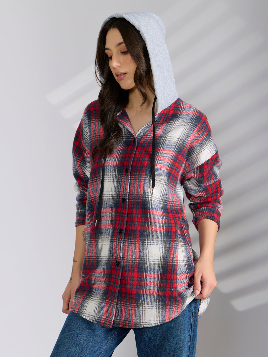 Women's Checked Red & Grey Hooded Oversized Shirt