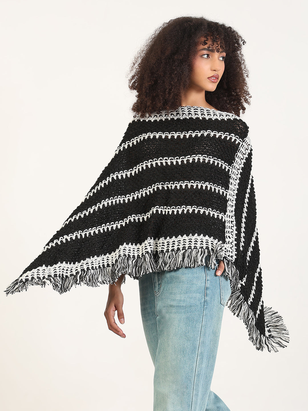 Women's Striped Black Fringed Edge Poncho
