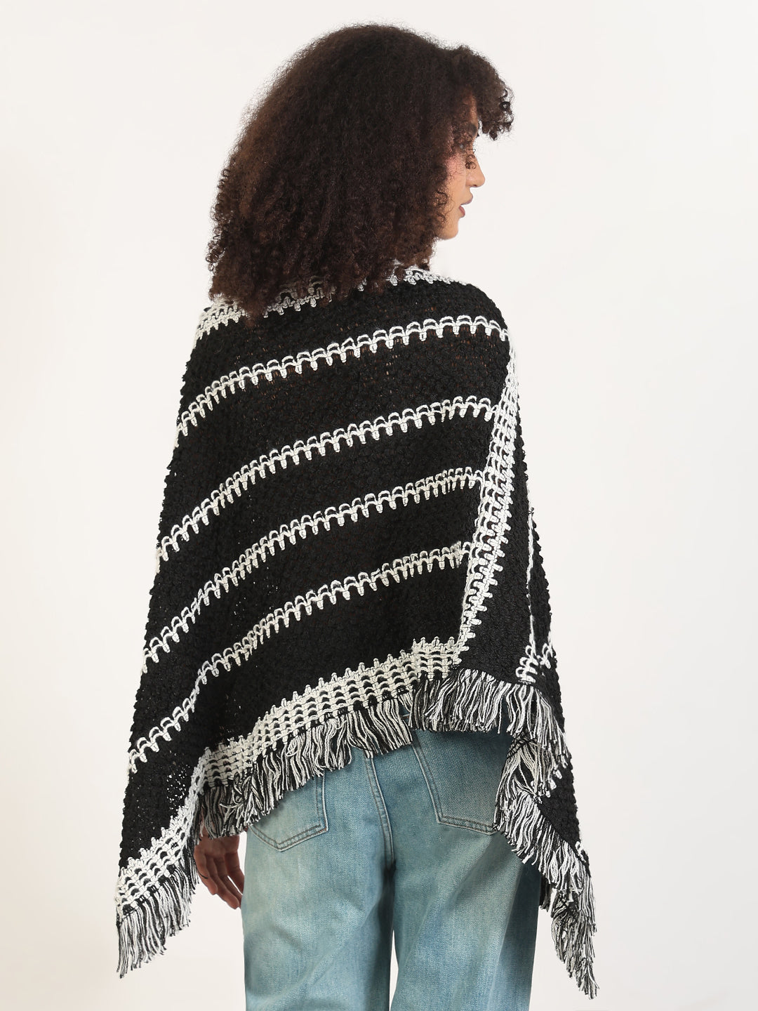 Women's Striped Black Fringed Edge Poncho