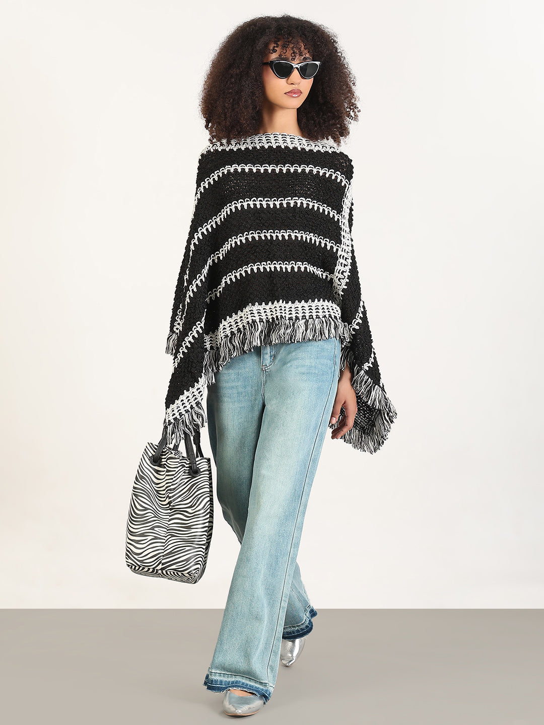 Women's Striped Black Fringed Edge Poncho
