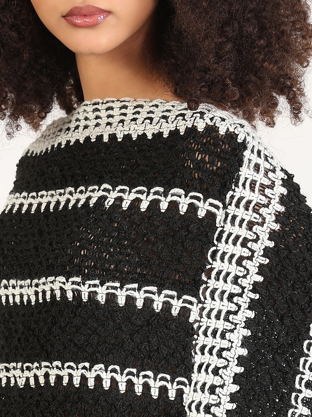 Women's Striped Black Fringed Edge Poncho