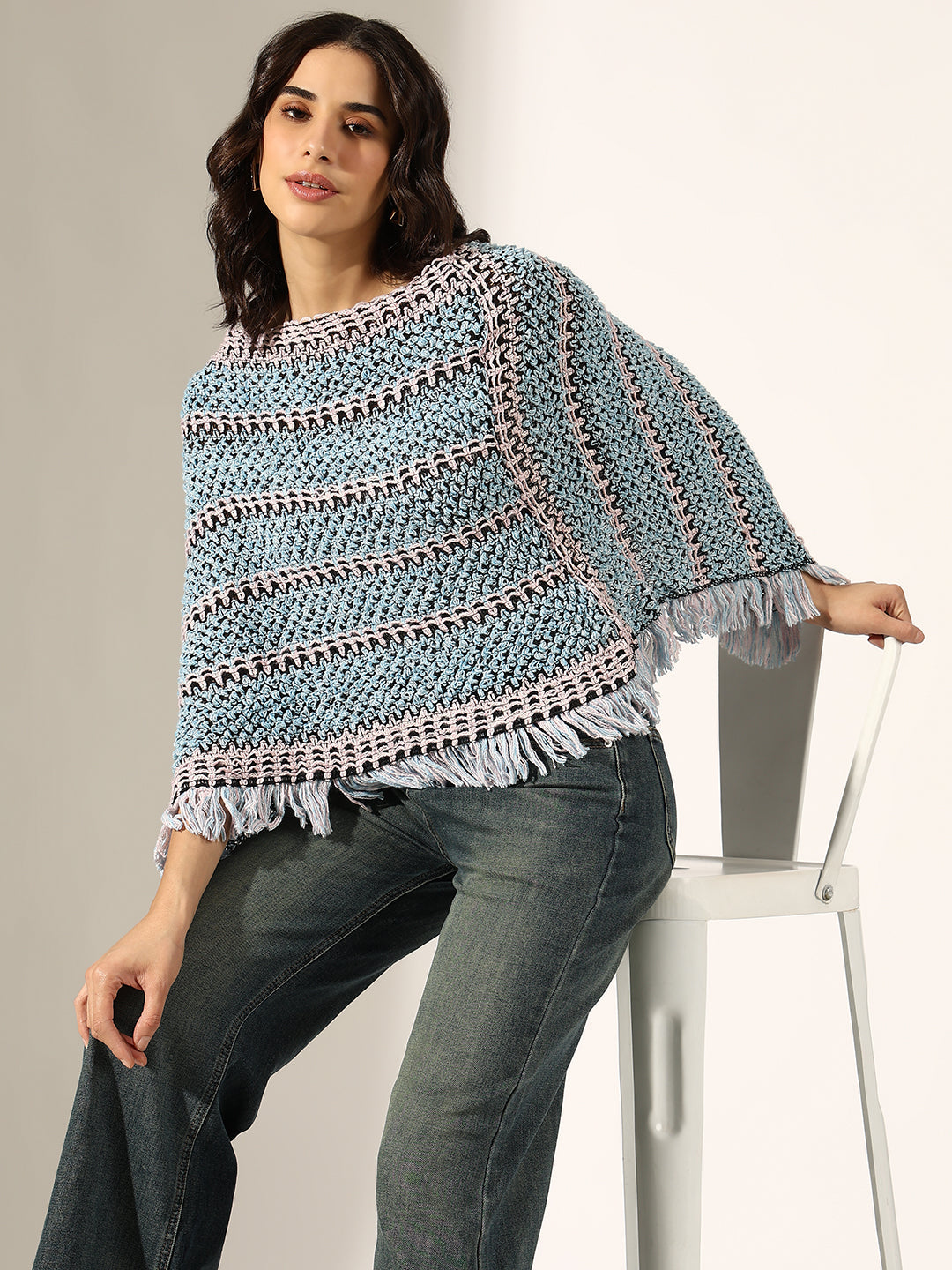 Women's Striped Blue Crochet Knit Poncho with Fringed Hem
