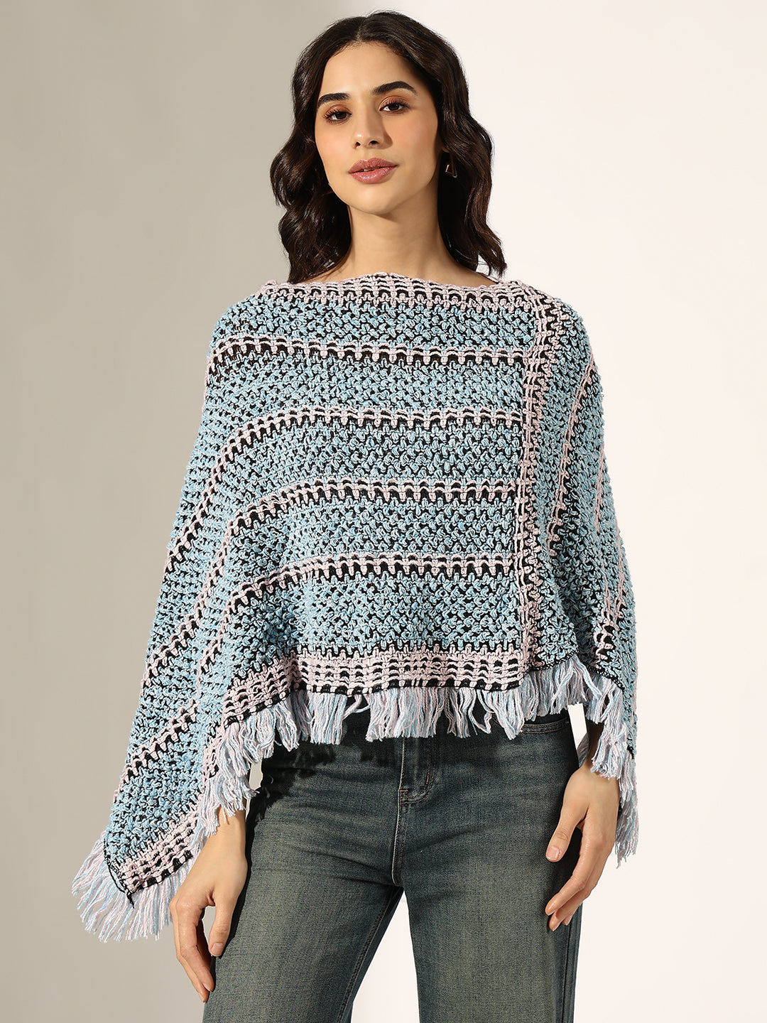 Women's Striped Blue Crochet Knit Poncho with Fringed Hem
