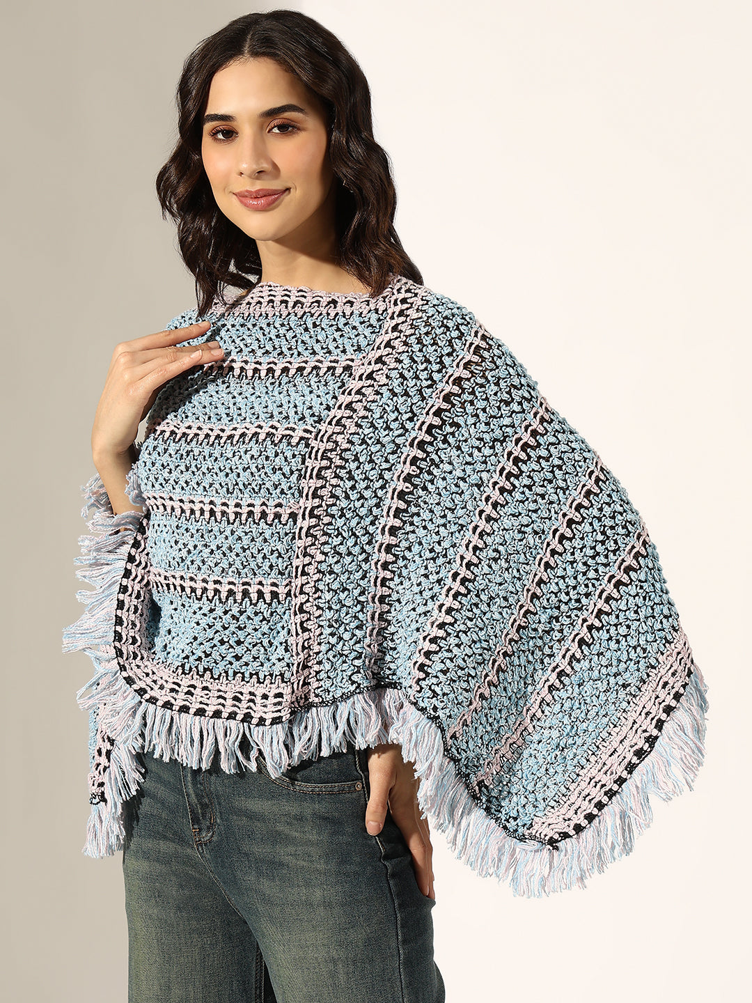 Women's Striped Blue Crochet Knit Poncho with Fringed Hem