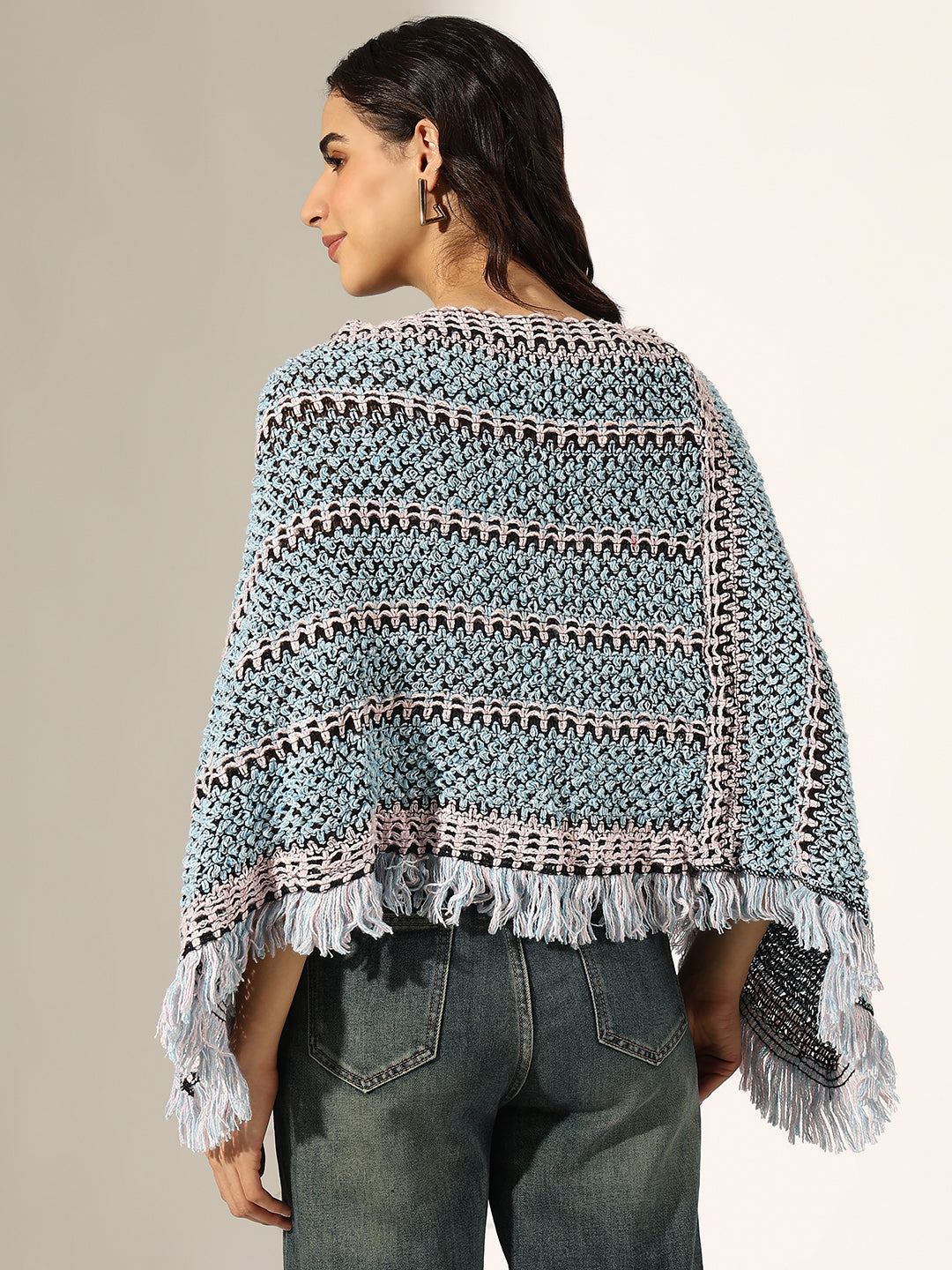 Women's Striped Blue Crochet Knit Poncho with Fringed Hem