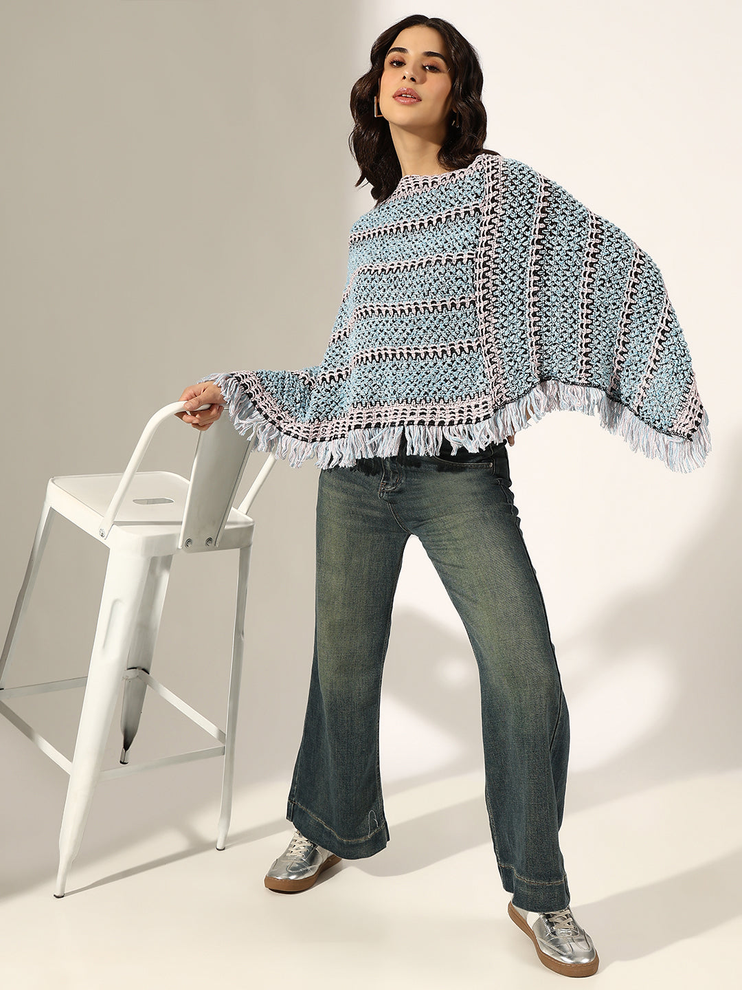 Women's Striped Blue Crochet Knit Poncho with Fringed Hem