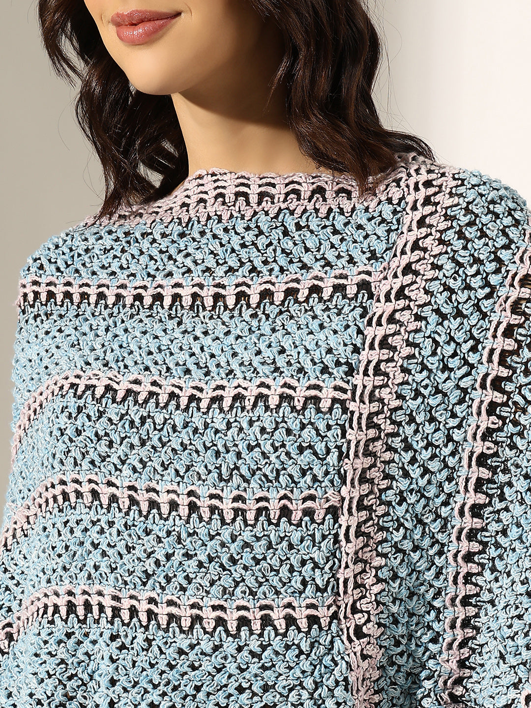 Women's Striped Blue Crochet Knit Poncho with Fringed Hem