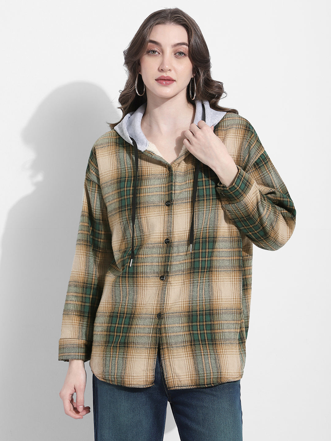 Women's Checked Green Hooded Shirt