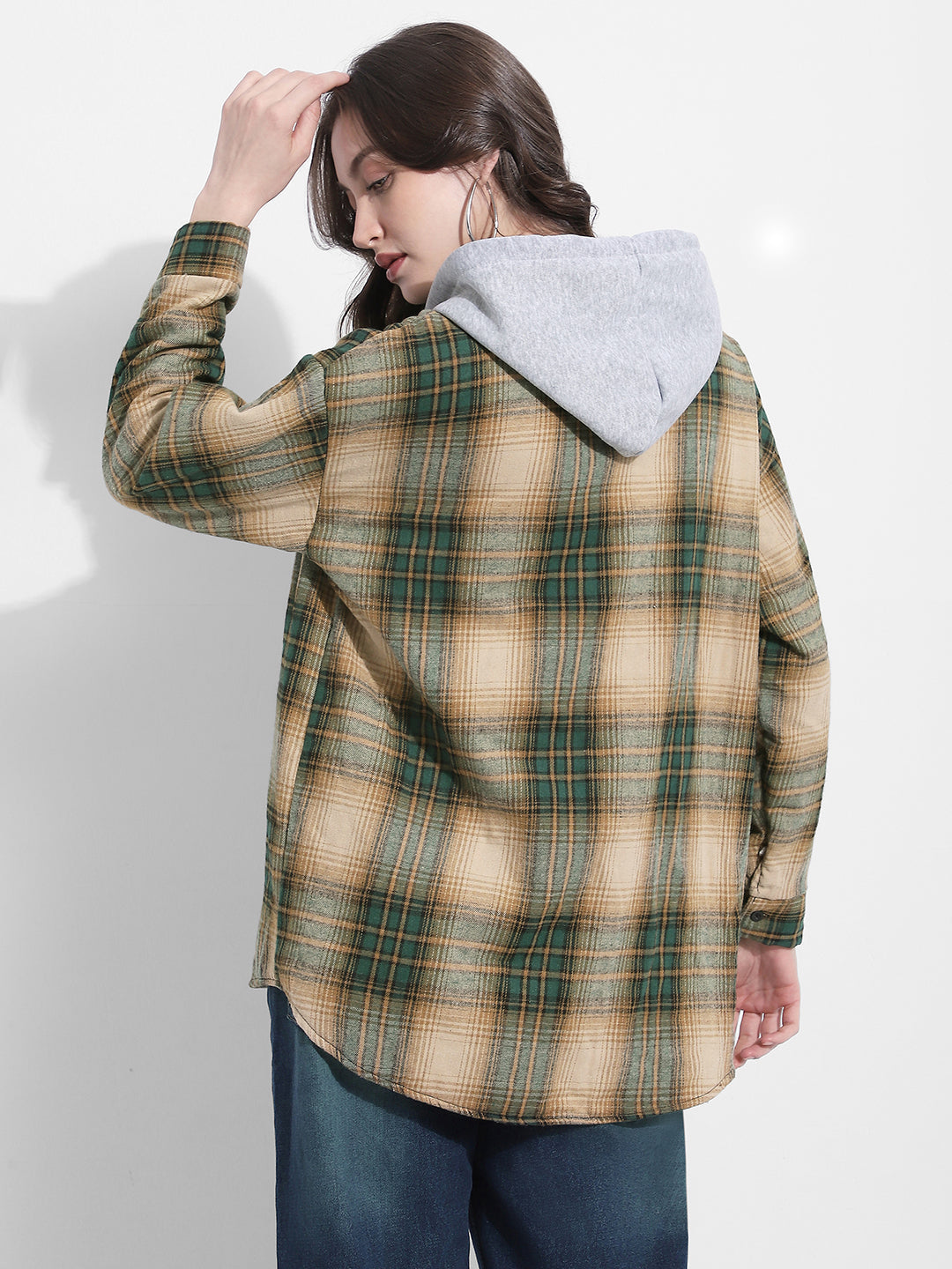 Women's Checked Green Hooded Shirt