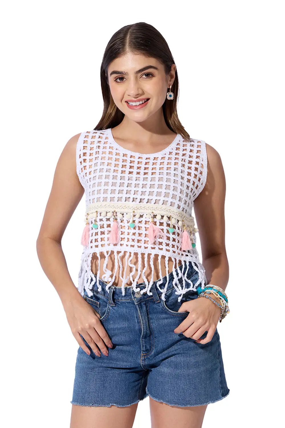 Women's White Self Design Crochet Crop Top - Uncategorized from SHOWOFFFF