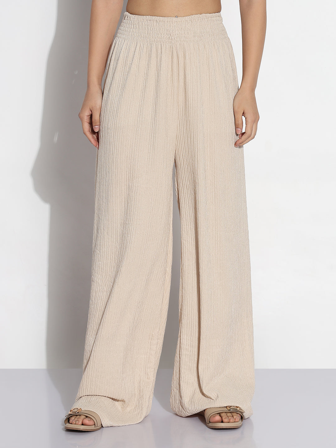 Women Cream Solid Loose Fit Trousers