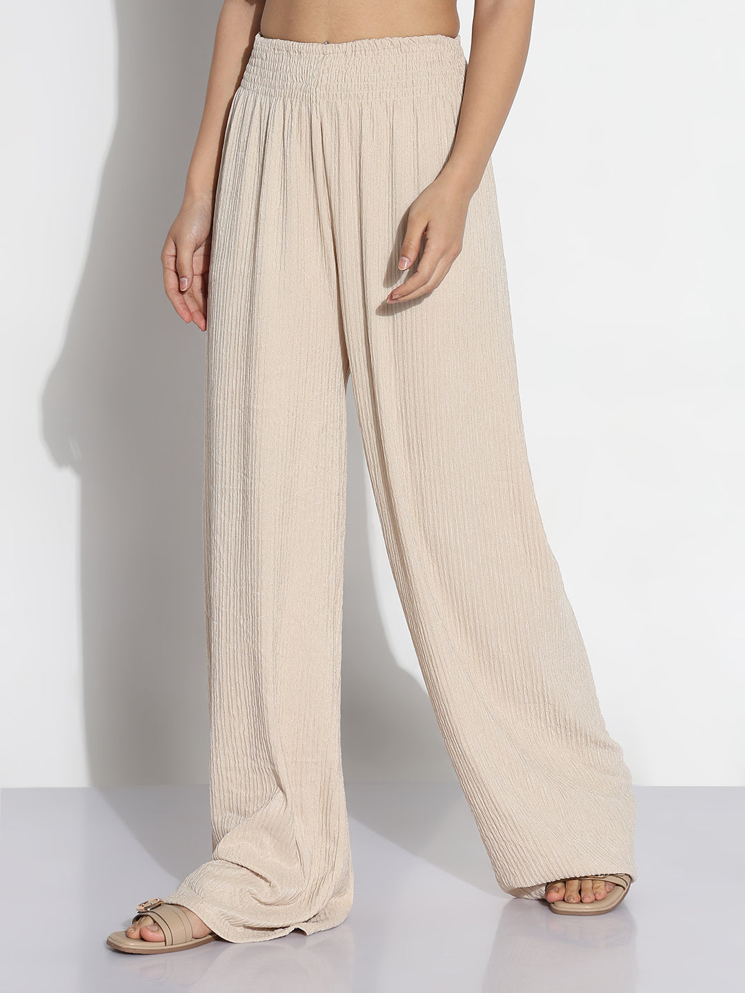 Women Cream Solid Loose Fit Trousers