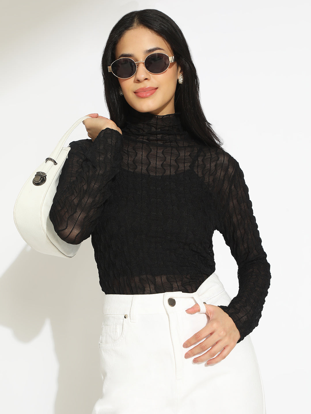 Women's Black Semi Sheer High Neck Top