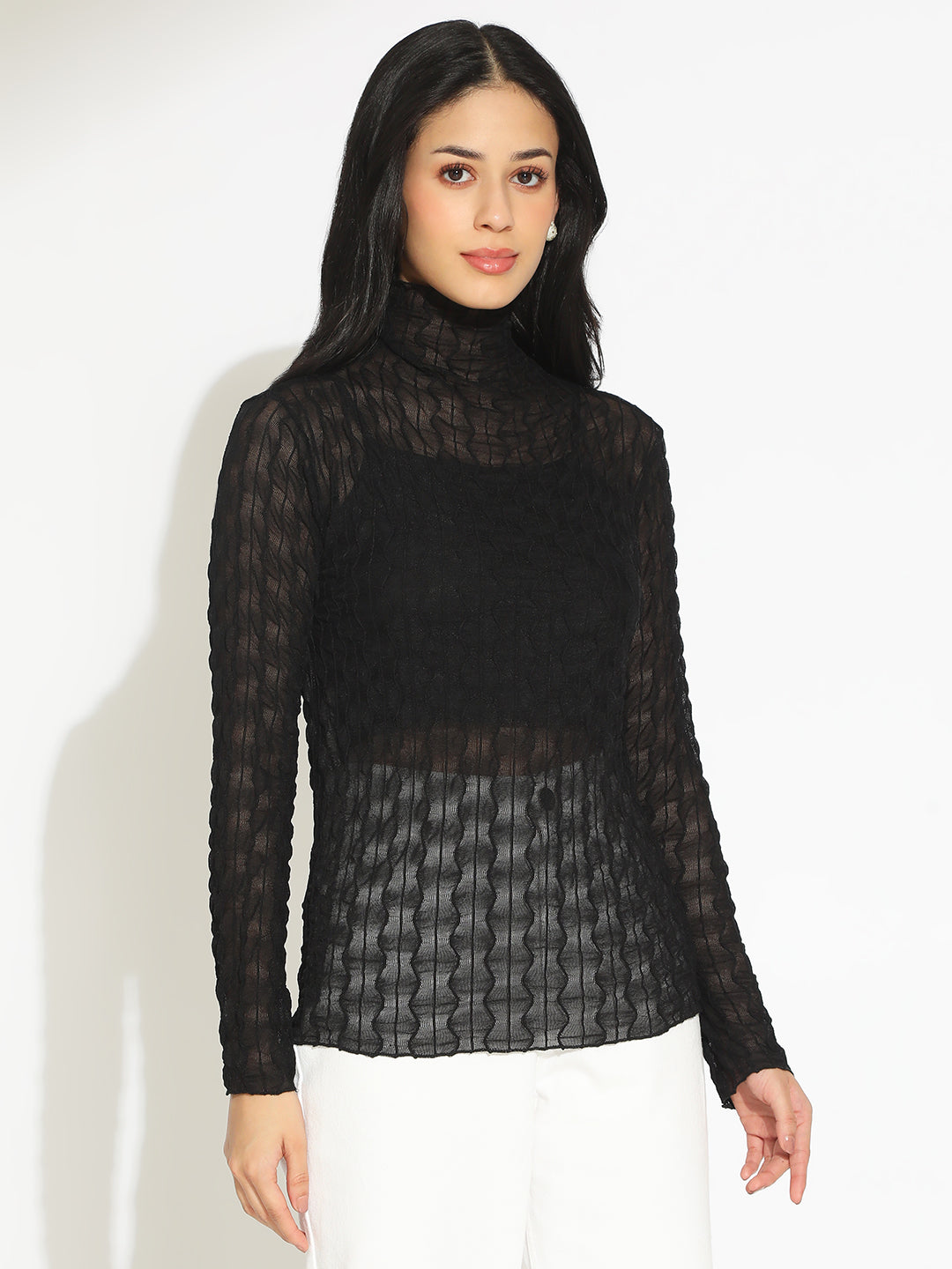 Women's Black Semi Sheer High Neck Top