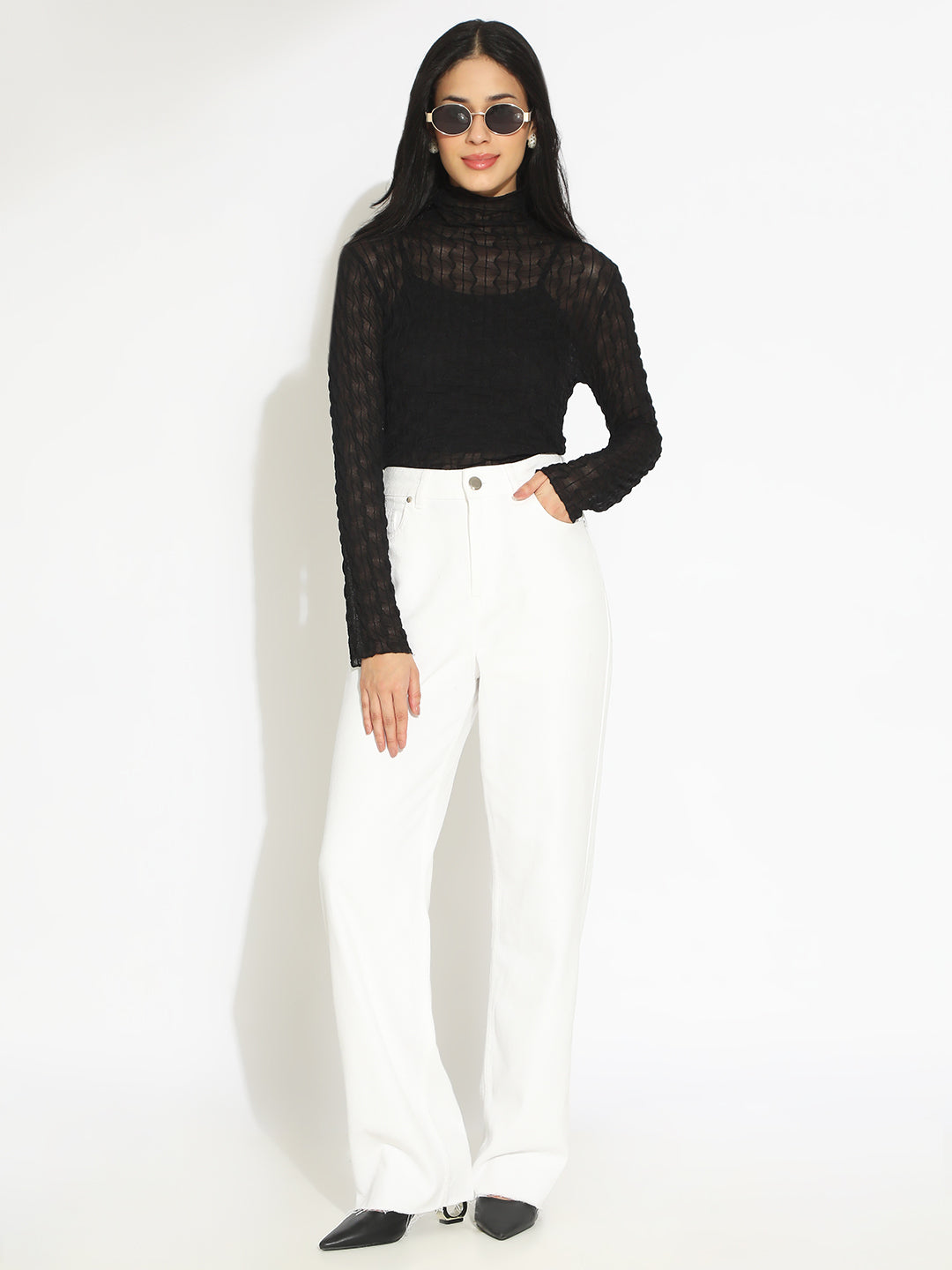 Women's Black Semi Sheer High Neck Top