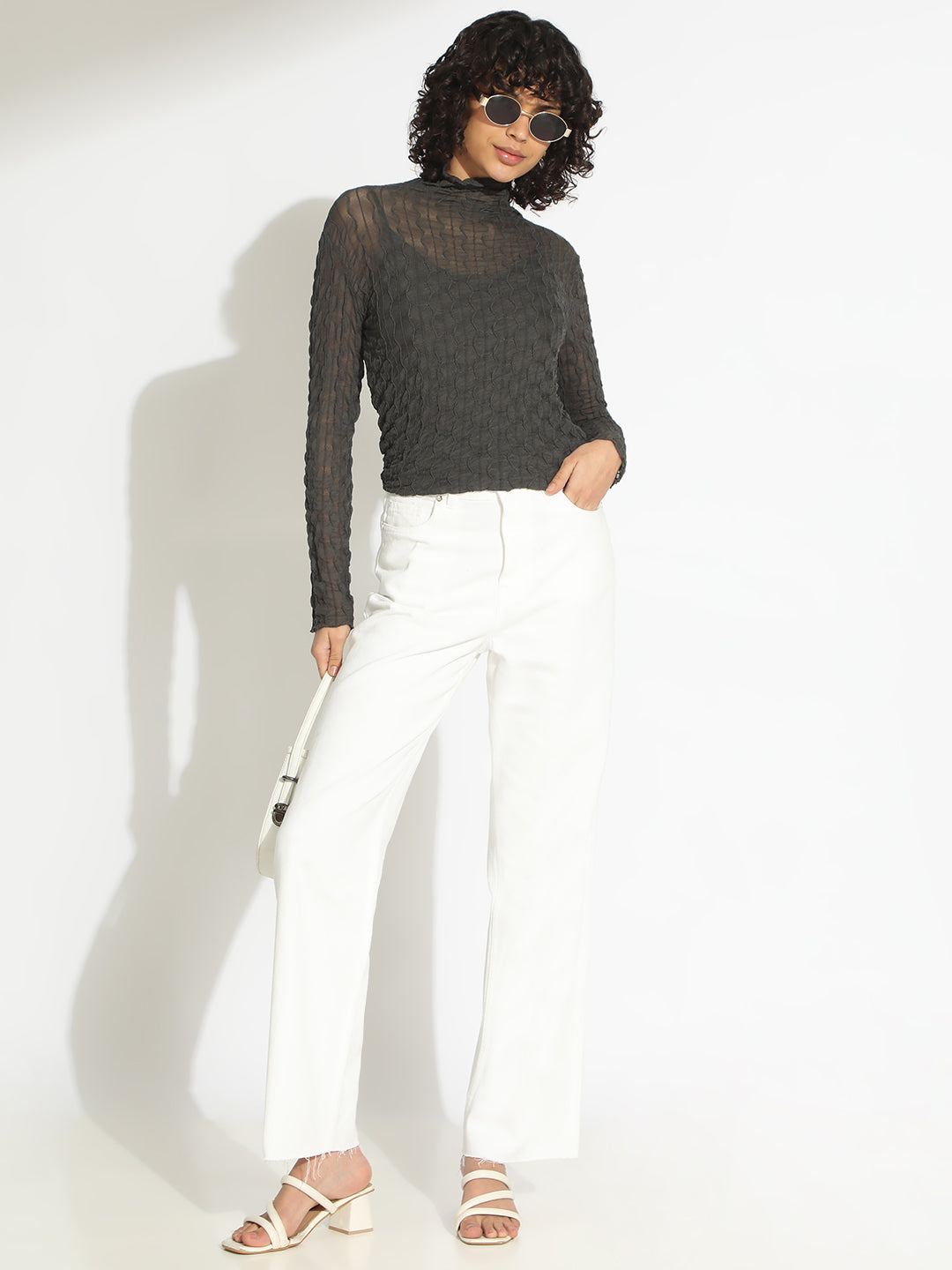 Women's Grey Fitted High Neck Top