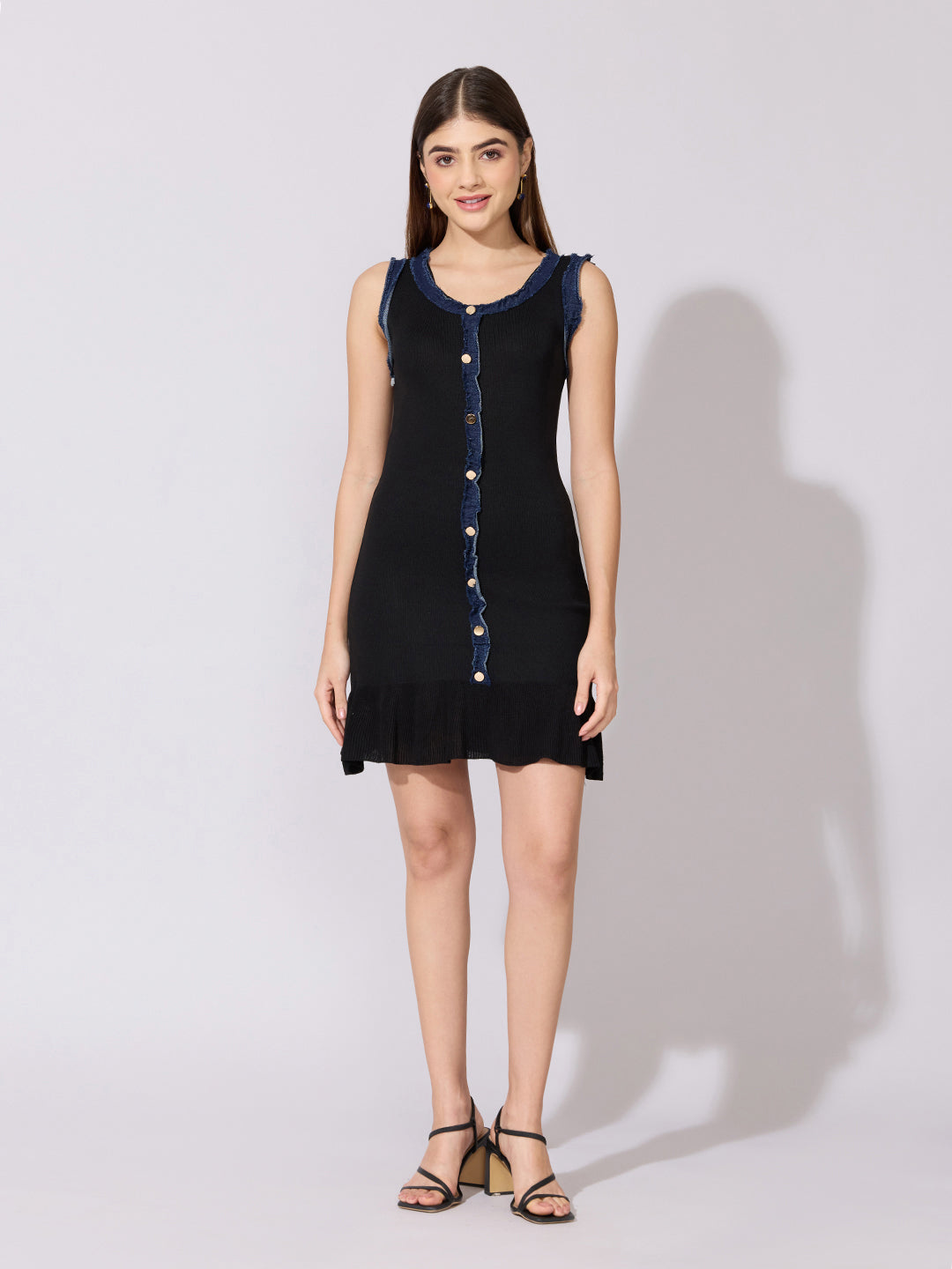 Women's Ribbed Black Mini Dress with Contrast Trim