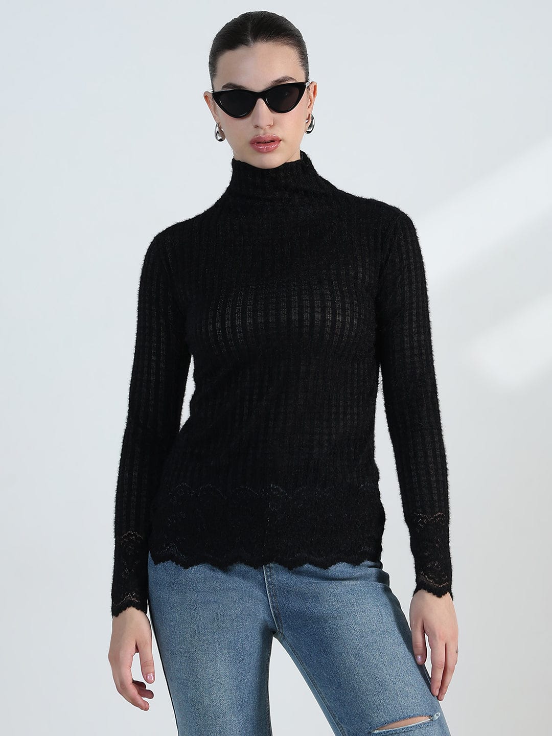 Women's Black Lace High Neck Top