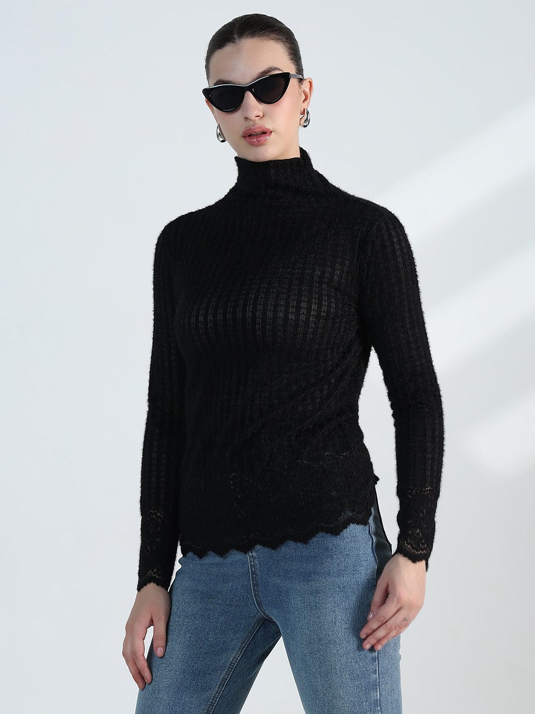 Women's Black Lace High Neck Top