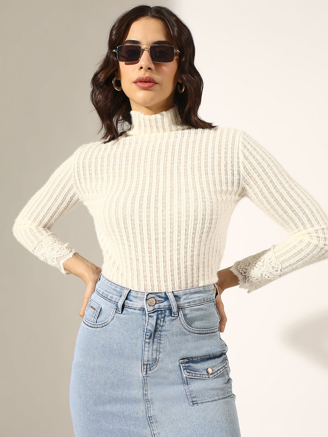 Women's Ribbed White Lace Trim High Neck Long Sleeve Top