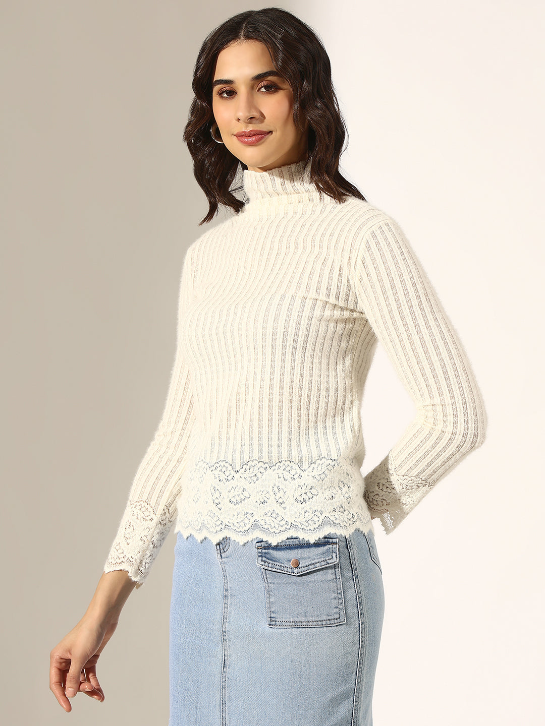 Women's Ribbed White Lace Trim High Neck Long Sleeve Top