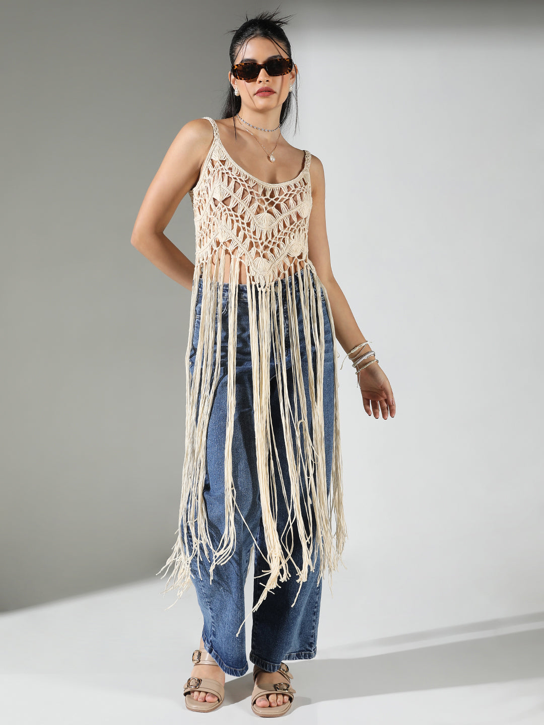 Women Cream Solid Longline Crochet Top